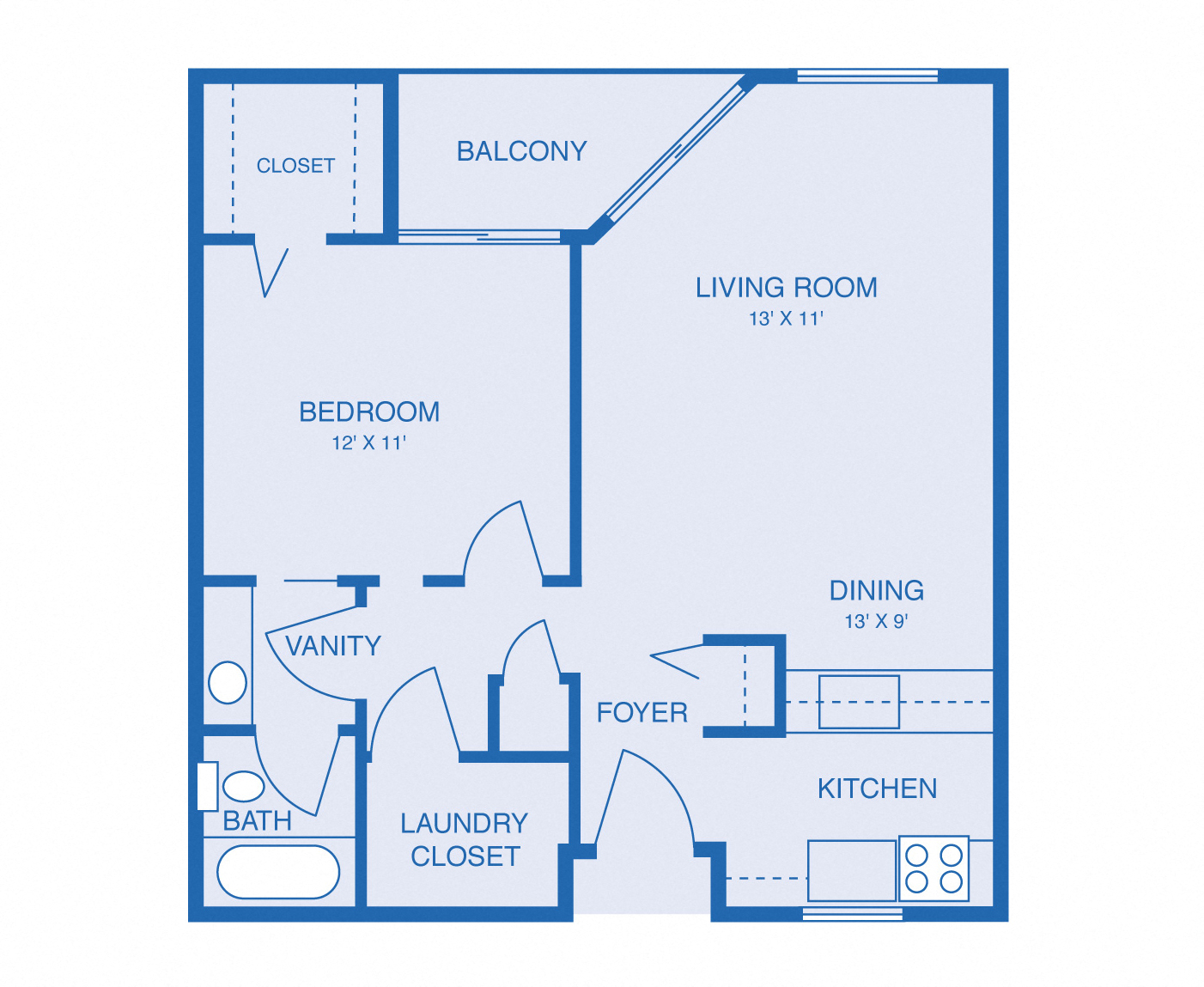Floor plan for 1 bed, 1 bath, 745 sqft